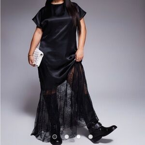 ASOS Curve Black Satin and Lace Maxi Dress